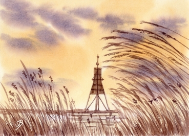 Postcard DIN-A5 Watercolor Maritime Art Print North Sea Cuxhaven Bake Island Neuwerk Watt Ocean Seagull